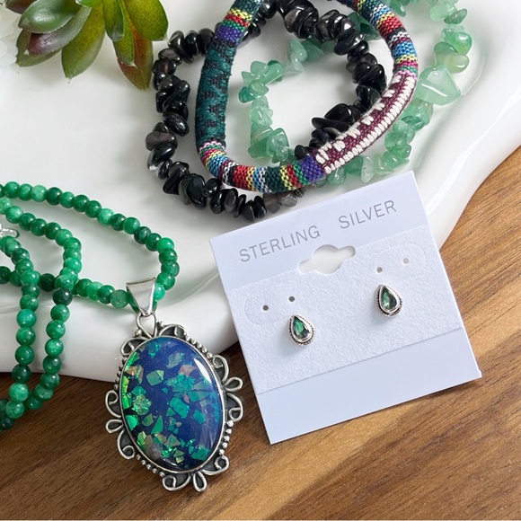 Australian Opal Pendant Jewelry Set Lot Agate Necklace Southwest Boho New 925 - Picture 7 of 11